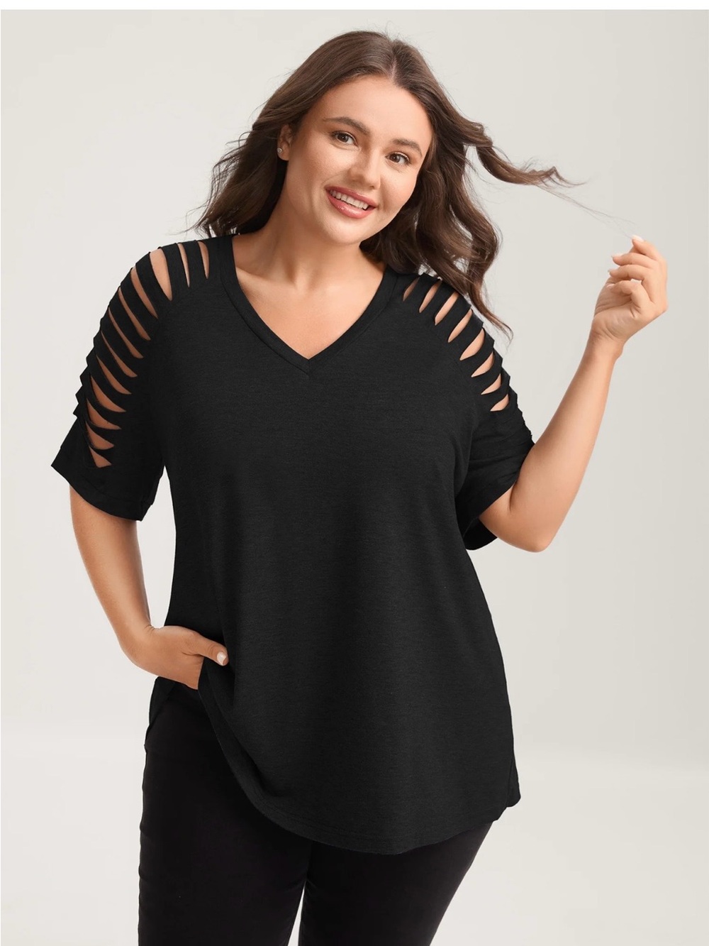 BloomChic Black V-Neck Short Sleeve Top with Slashed Shoulders
